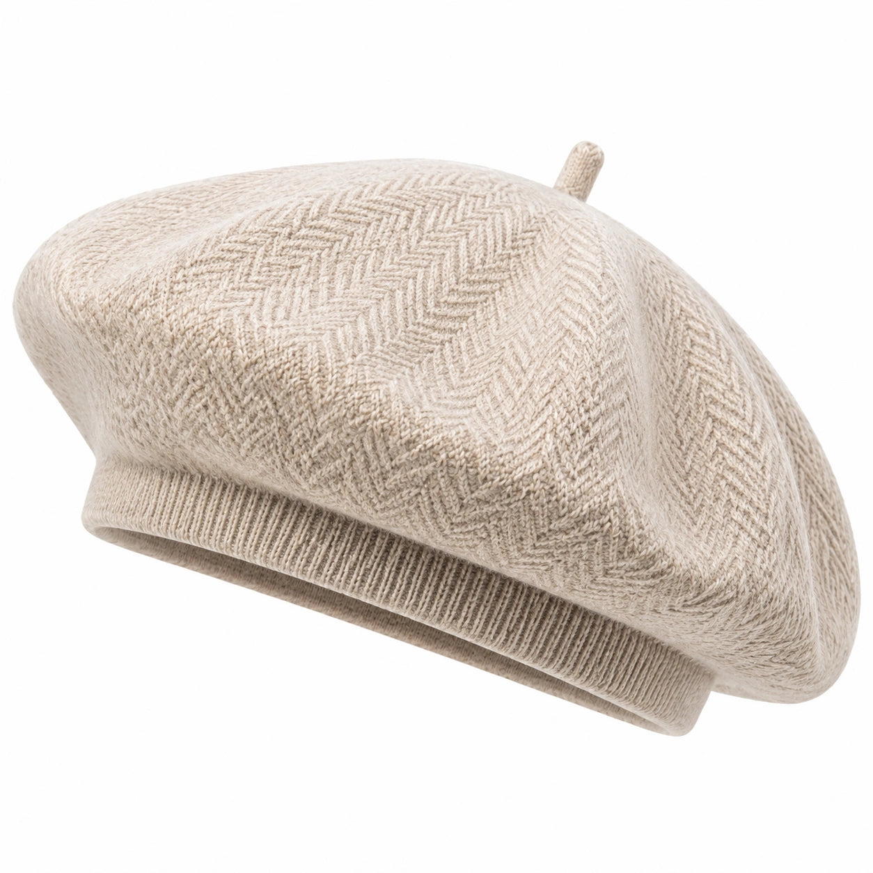 Baskenmütze Einheitsgröße Beige Strickoptik mit Fischgrätmuster