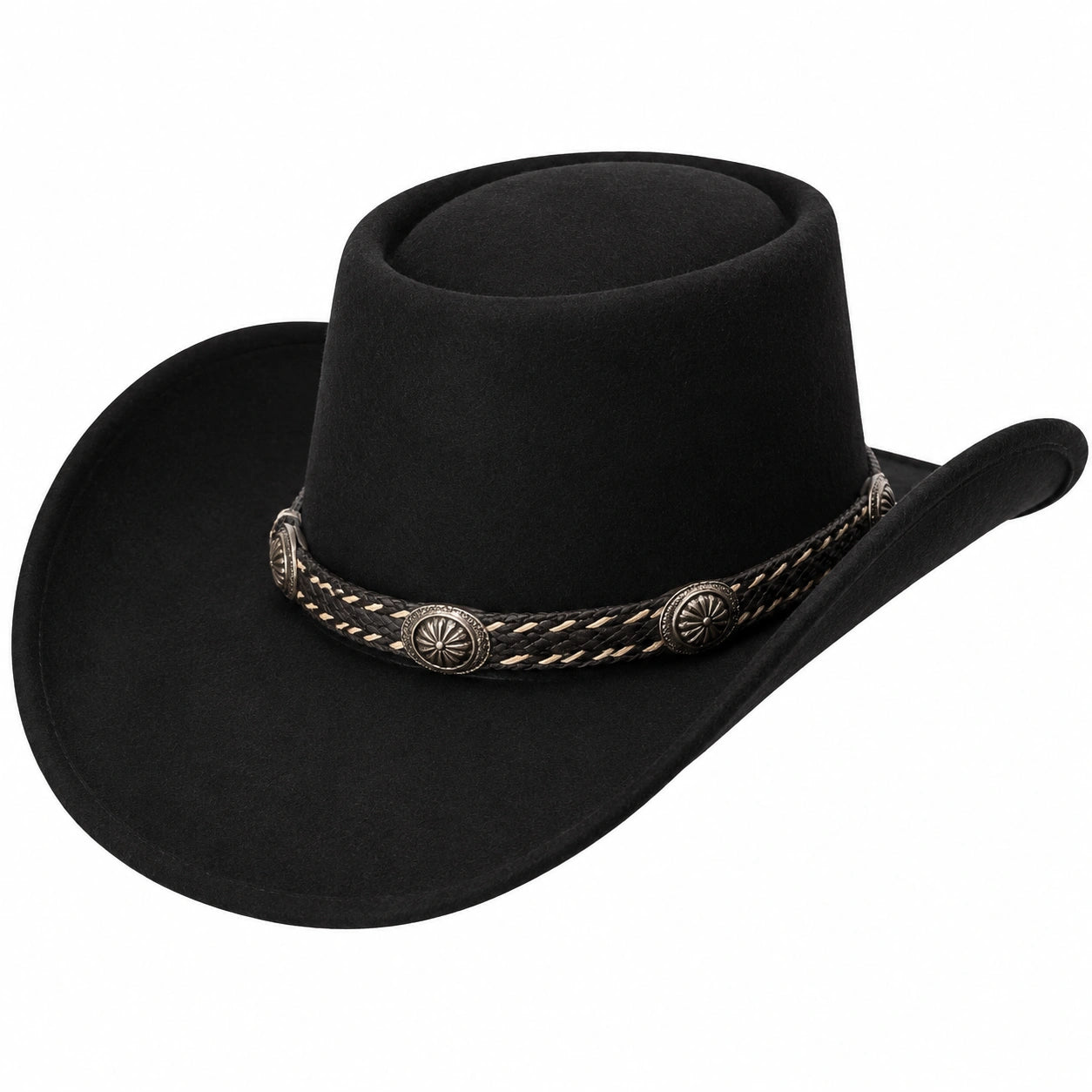 Cowboyhut Einheitsgröße aus schwarzem Filz mit dekorativem Hutband