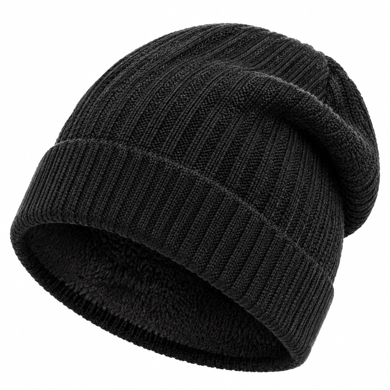 Strickmütze Einheitsgröße Schwarz mit Rippstrick Umschlag für Alltag